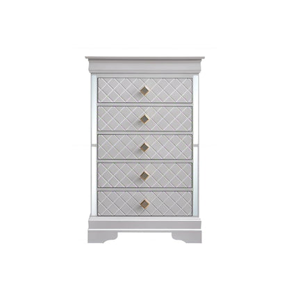 Embossed X design accent chest with crystal pulls, pearl silver finish by HouseOfZazla on Tampa Home & Garden Store