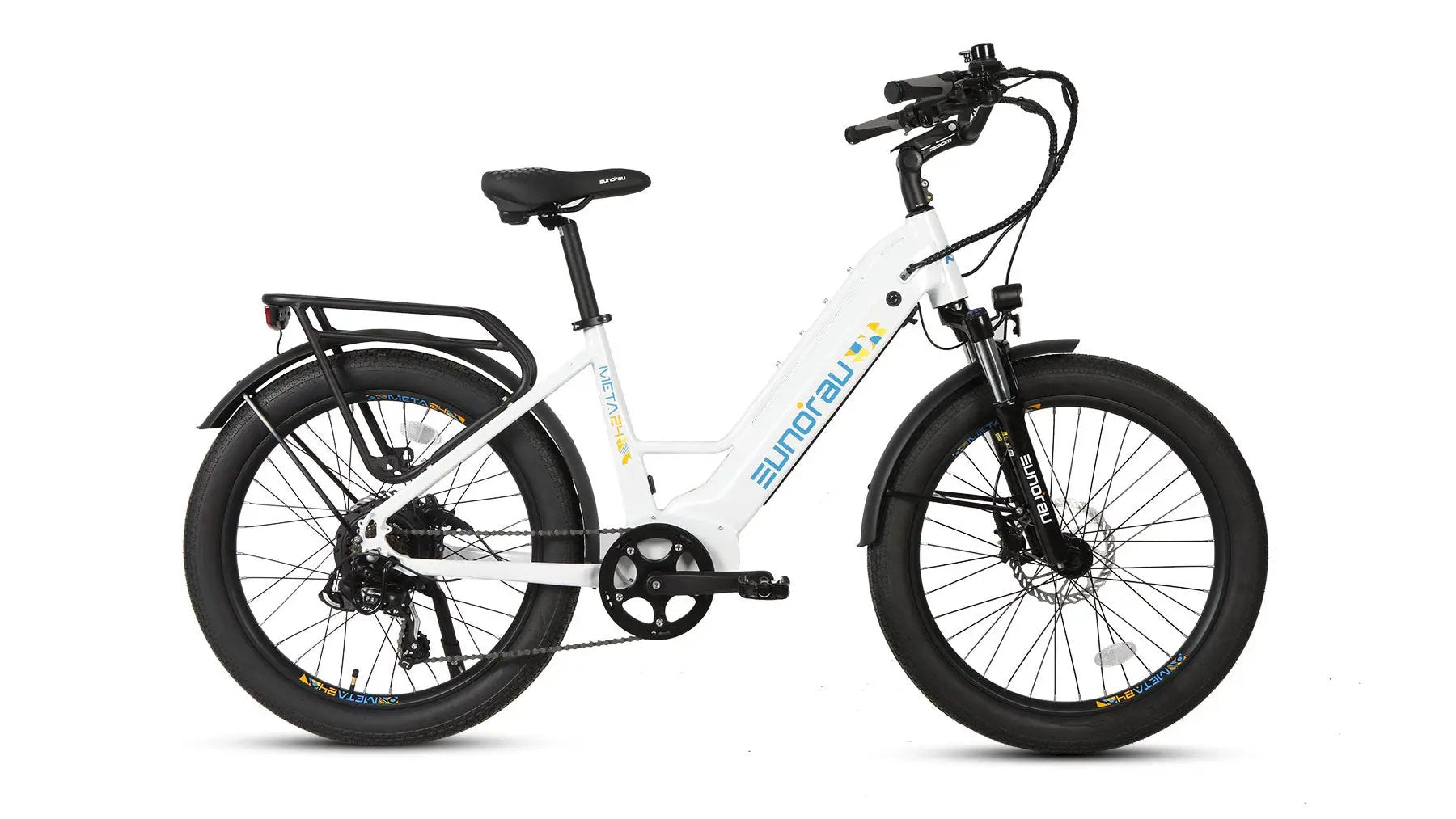 META26 1.0 electric bike white frame by EUNORAU with fat tires and front suspension on Tampa Home & Garden Store