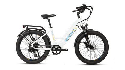 META26 1.0 electric bike white frame by EUNORAU with fat tires and front suspension on Tampa Home & Garden Store