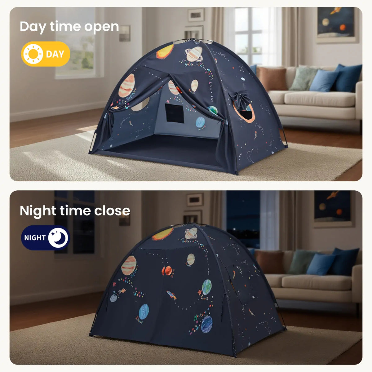 Tiny Land® Versatile Kids Bed Tent & Play Tent navy space-themed indoor play tent with planets on Tampa Home & Garden Store