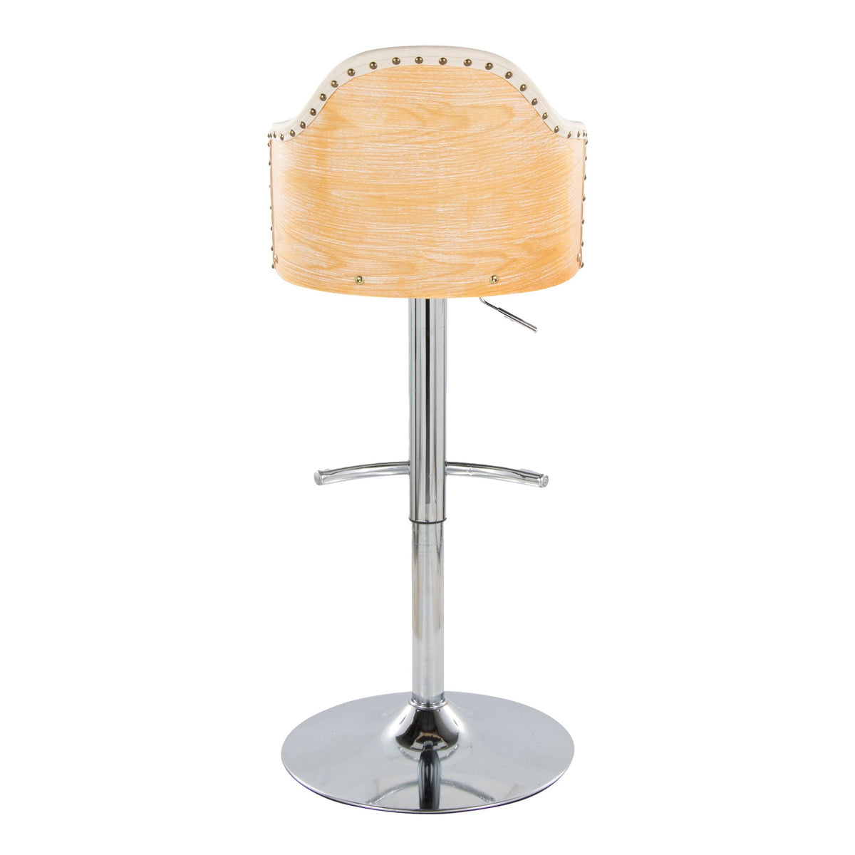 Contemporary adjustable barstool with swivel chrome base and light wood seat with studded edge on Tampa Home & Garden Store