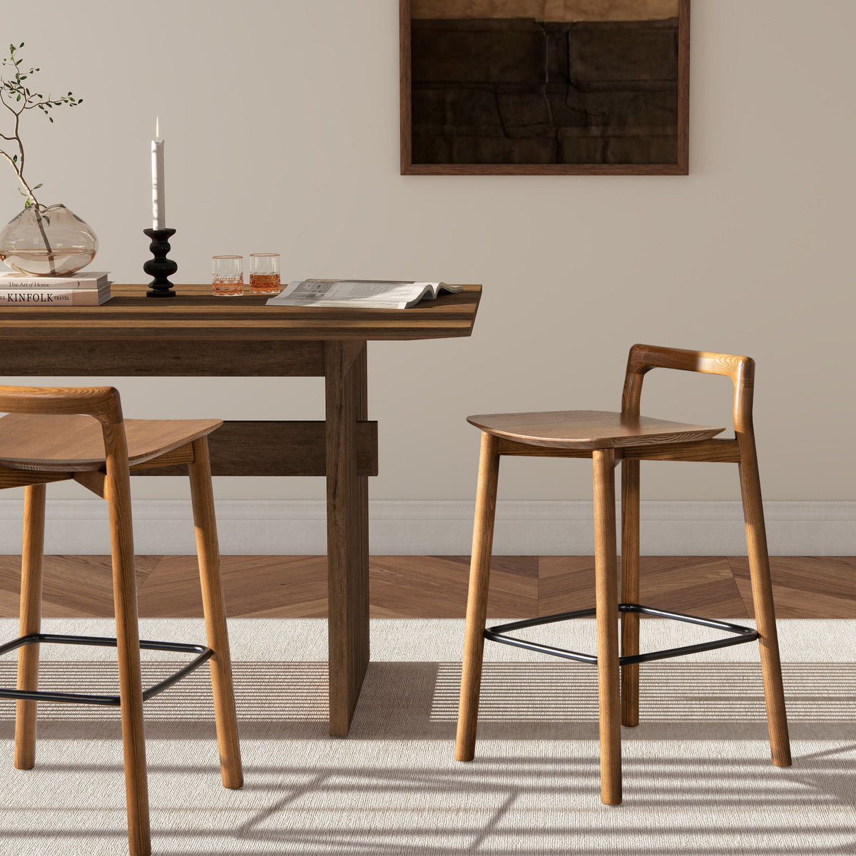 Modern Minimalist Low Back Counter Stool Set in dark brown walnut ash wood, counter height on Tampa Home & Garden Store