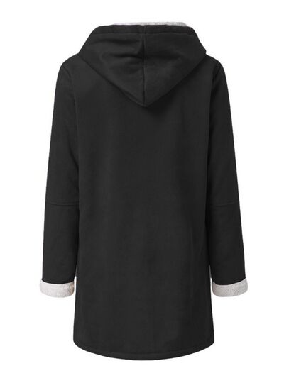 Full-size pocketed hooded jacket by Stevvex, black with gray cuff lining, back view on Tampa Home & Garden Store