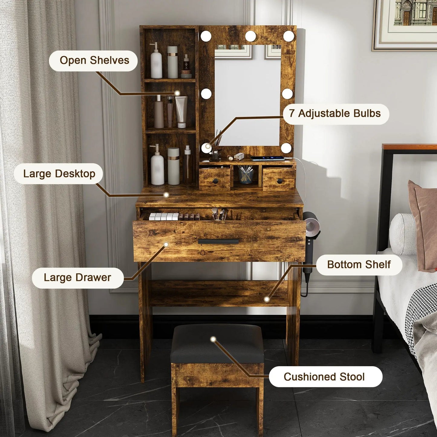 Vanity Table with Mirror and Hairdryer Holder