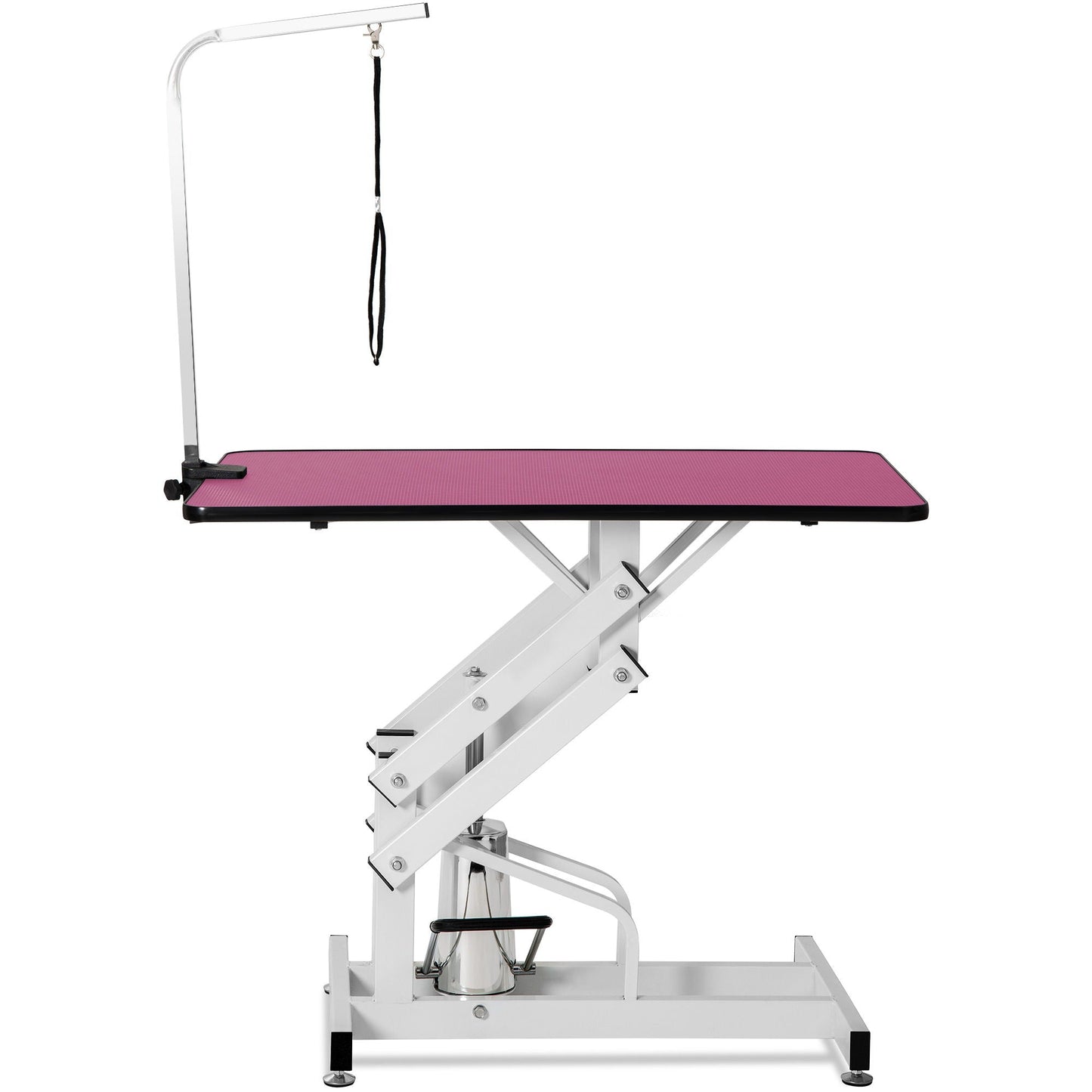 Hydraulic grooming table with pink non-slip top and white metal frame; adjustable arm on Tampa Home & Garden Store