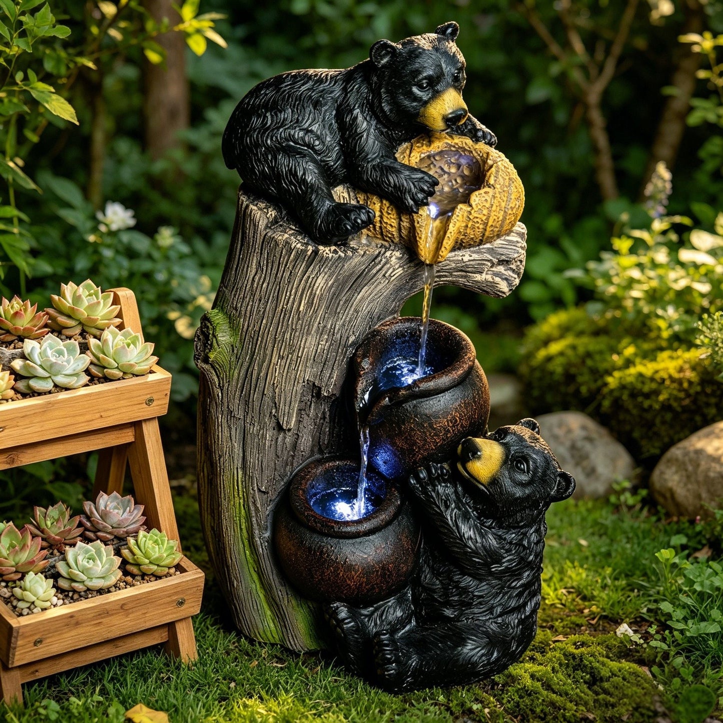 Bear Tree Stump Outdoor Water Fountain With LED