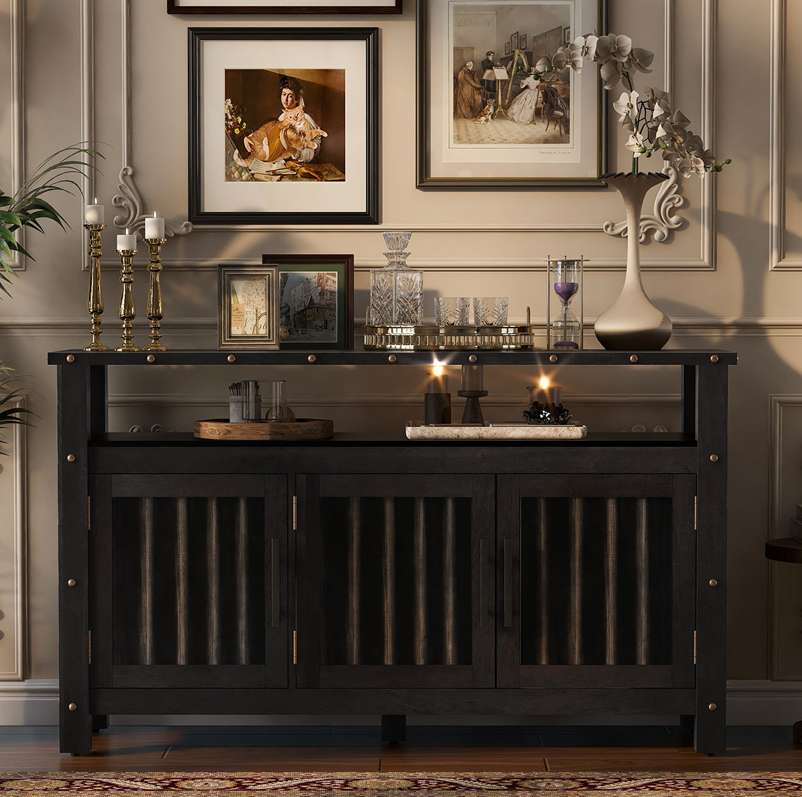 Three Door Pine Wood Buffet Cabinet by HouseOfZazla in dark finish with brass hardware on Tampa Home & Garden Store