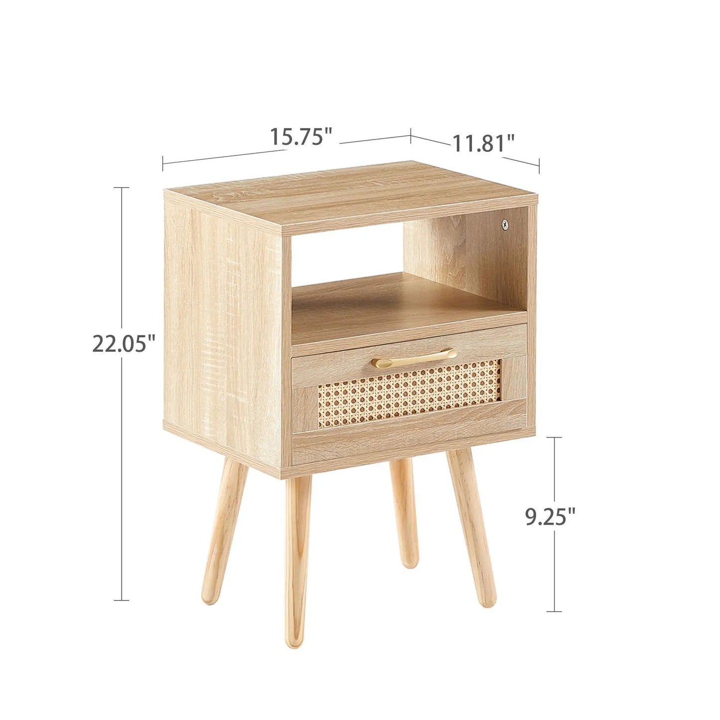 15.75 inch rattan end table with drawer and solid wood legs in light oak, cane-front on Tampa Home & Garden Store