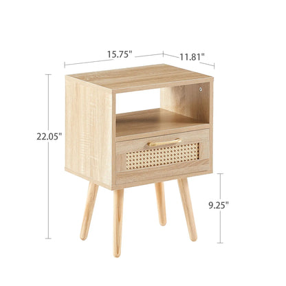 15.75 inch rattan end table with drawer and solid wood legs in light oak, cane-front on Tampa Home & Garden Store
