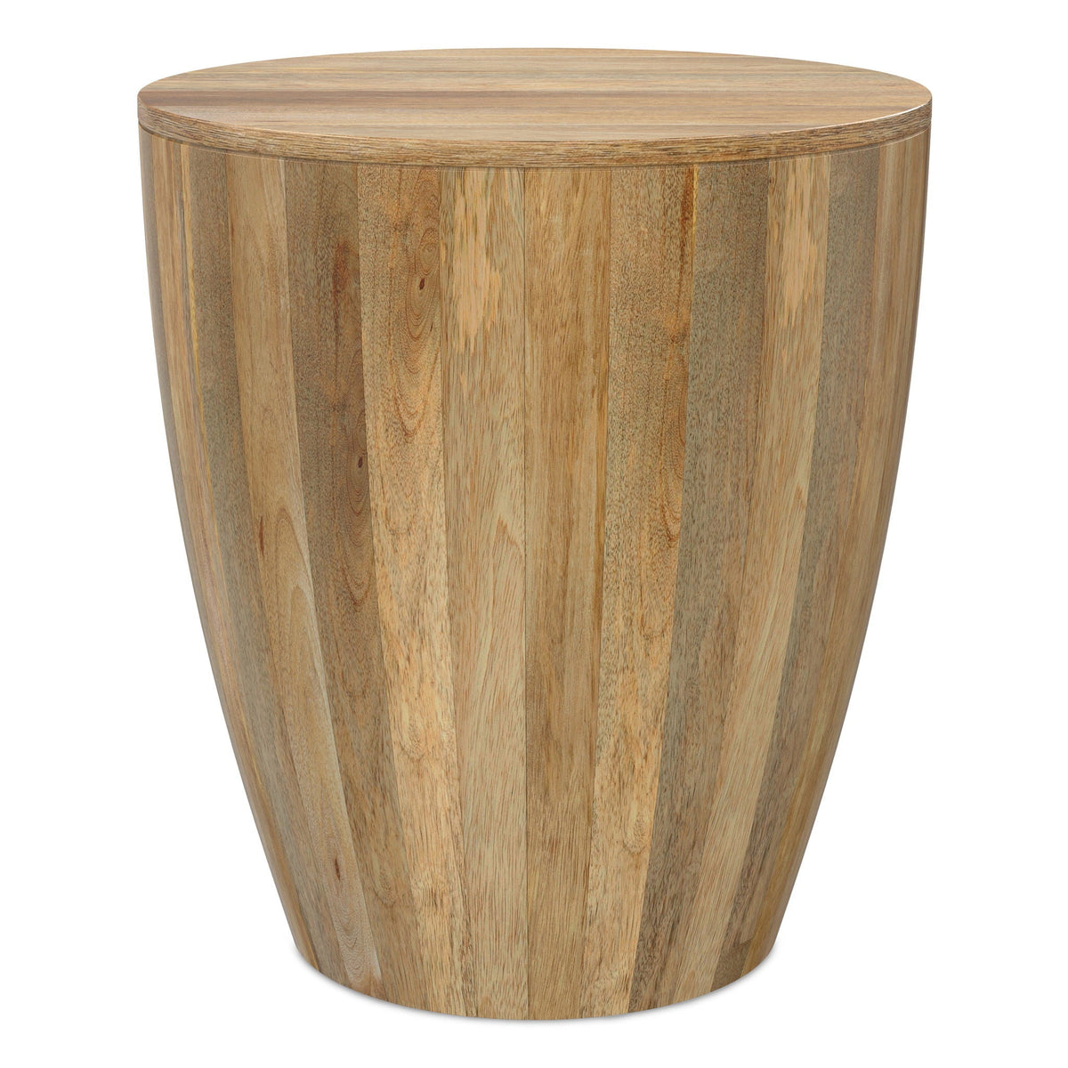 Solid mango wood round drum side table in natural light brown finish on Tampa Home & Garden Store