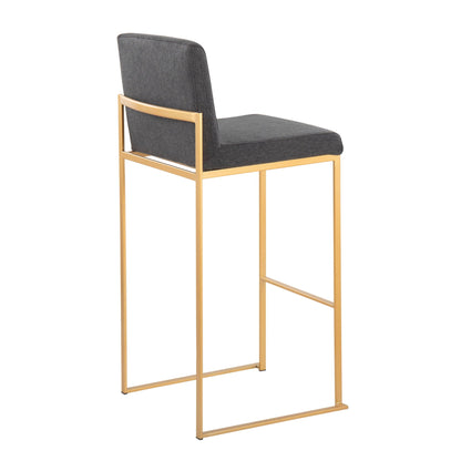Contemporary high back barstool with dark gray fabric upholstery and a gold metal frame on Tampa Home & Garden Store