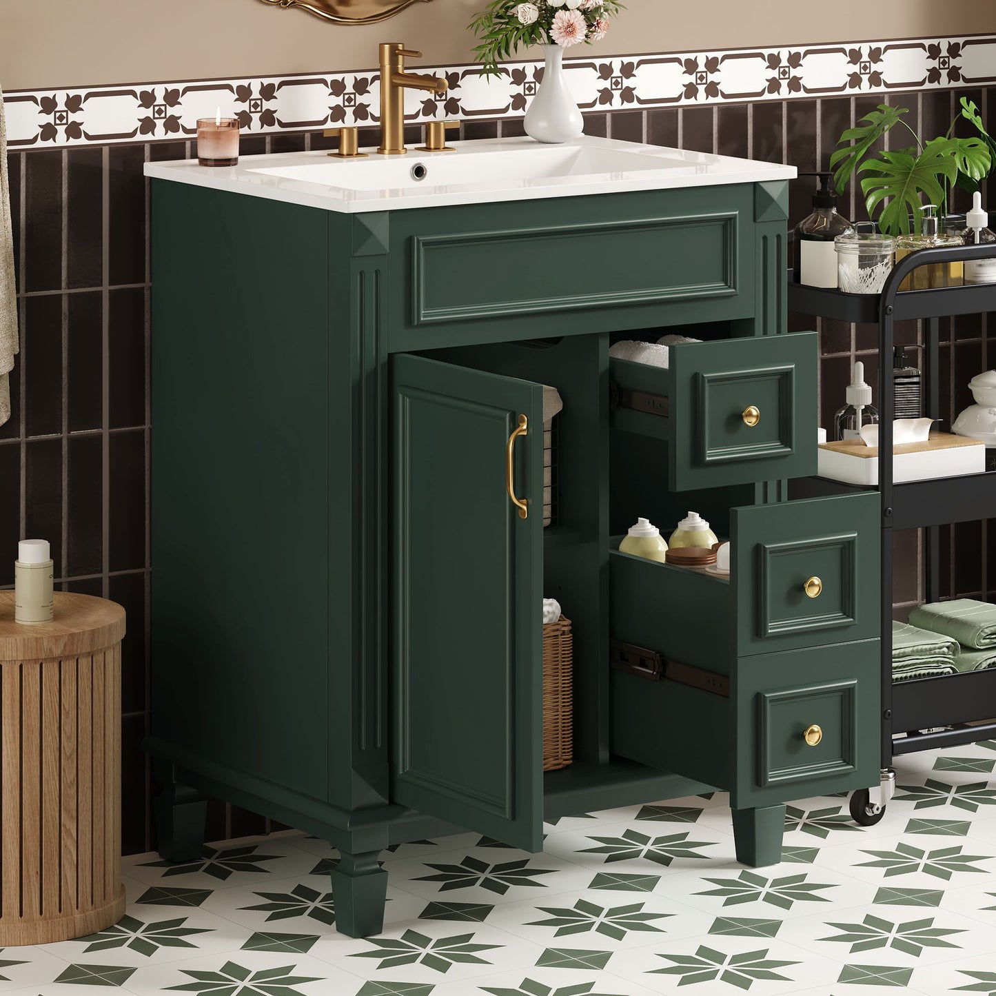 Bathroom vanity with sink, dark green cabinet, brass hardware, 2 drawers, adjustable shelf on Tampa Home & Garden Store