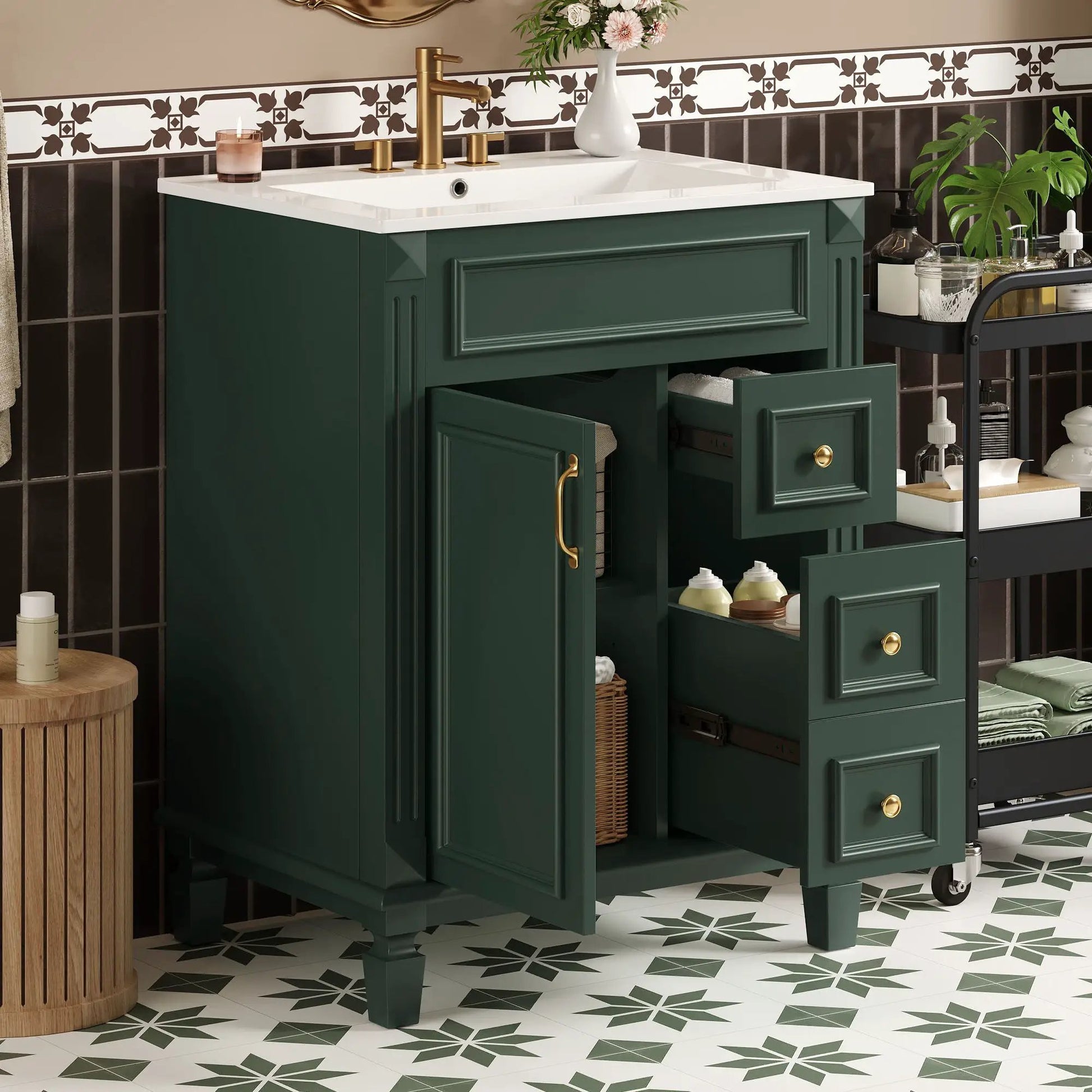 Bathroom vanity with sink, dark green cabinet, brass hardware, 2 drawers, adjustable shelf on Tampa Home & Garden Store