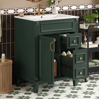 Bathroom vanity with sink, dark green cabinet, brass hardware, 2 drawers, adjustable shelf on Tampa Home & Garden Store