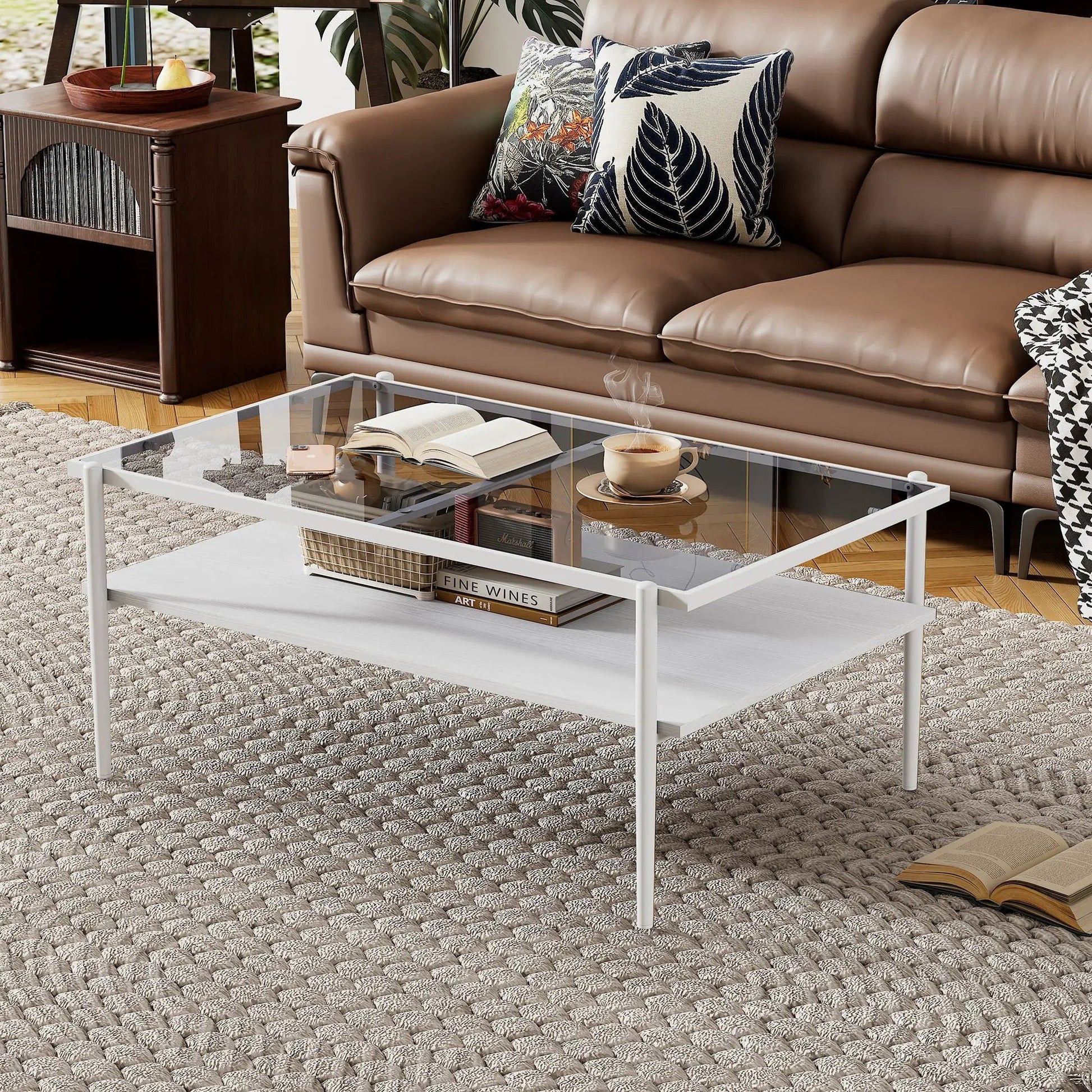 Rectangle coffee table with tempered glass top and white metal legs in living room on Tampa Home & Garden Store