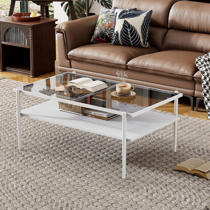 Rectangle coffee table with tempered glass top and white metal legs in living room on Tampa Home & Garden Store