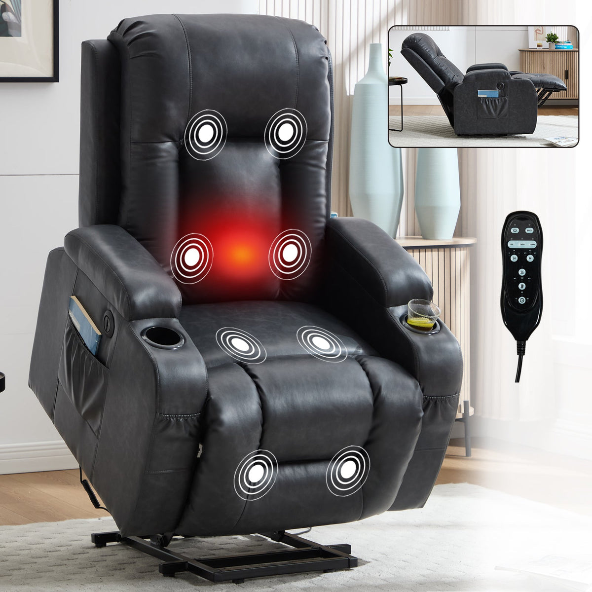 Dark HouseOfZazla power-lift recliner with massage nodes and heat glow, remote nearby on Tampa Home & Garden Store