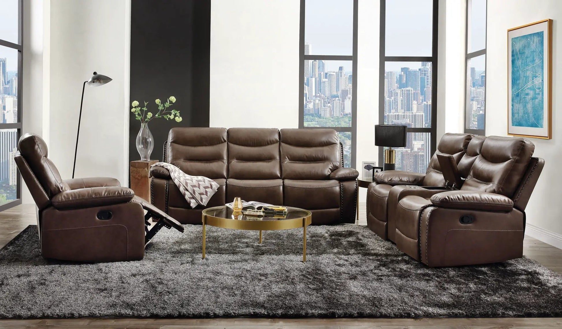 Aashi leather gel 3pc recliner set in brown; sofa + 2 recliners by Unique Piece Furniture on Tampa Home & Garden Store