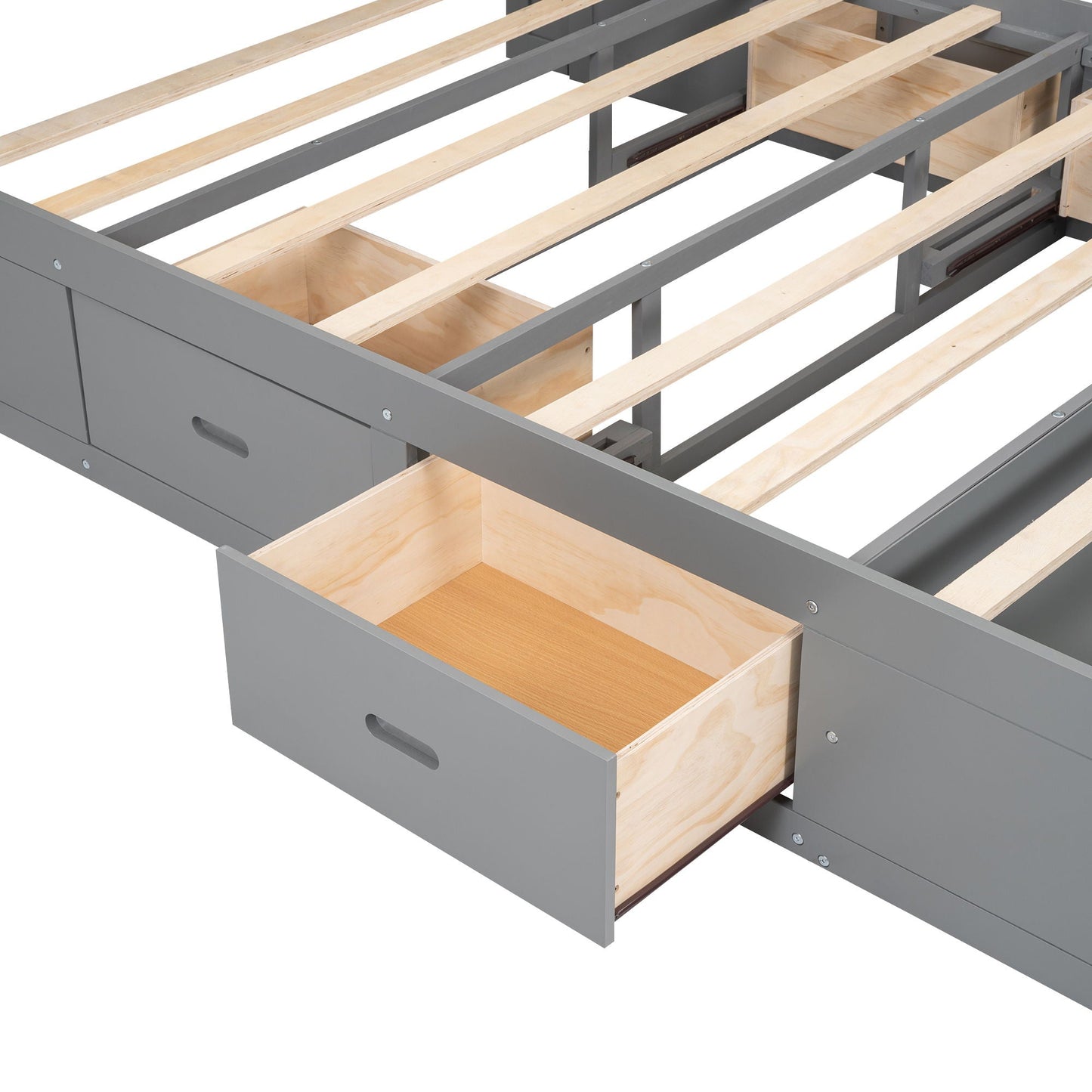 Platform bed with four under-bed drawers in gray finish and light wood slat support on Tampa Home & Garden Store