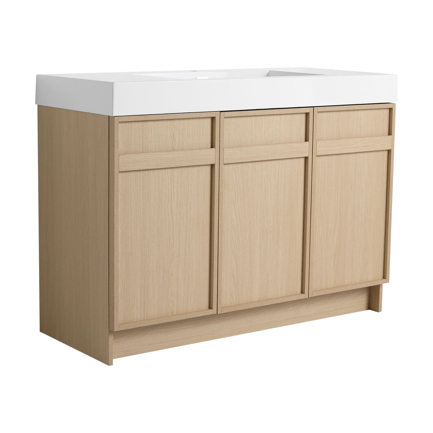 Freestanding bathroom vanity with white resin sink on oak cabinet and soft-close doors on Tampa Home & Garden Store