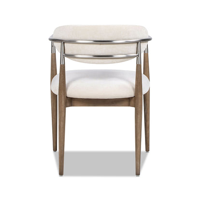 Artemis Mixed Material Upholstered Dining Arm Chair Brushed Nickel Arms warm-white fabric on Tampa Home & Garden Store