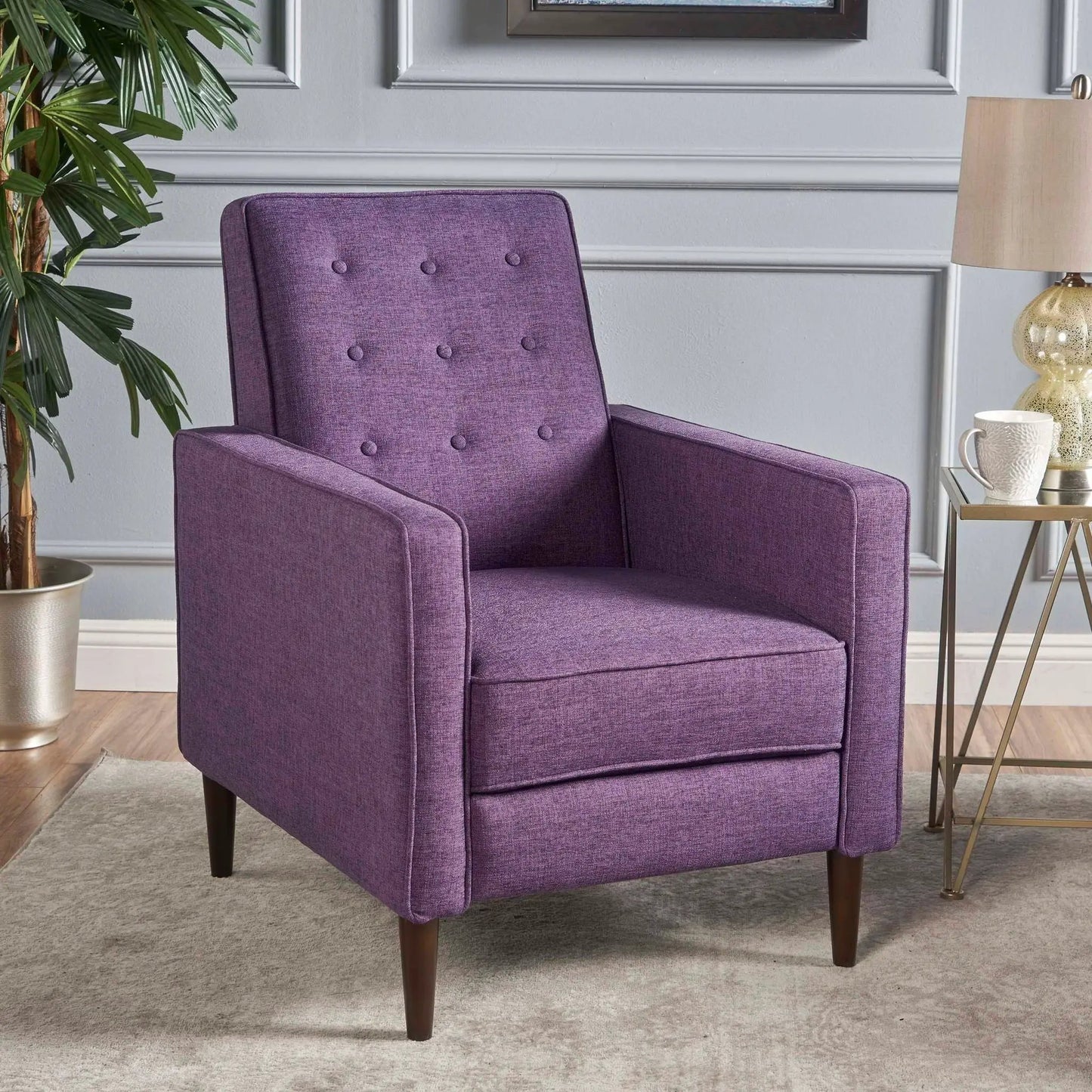 Purple mid-century modern recliner with button tufting and waffle stitch on Tampa Home & Garden Store
