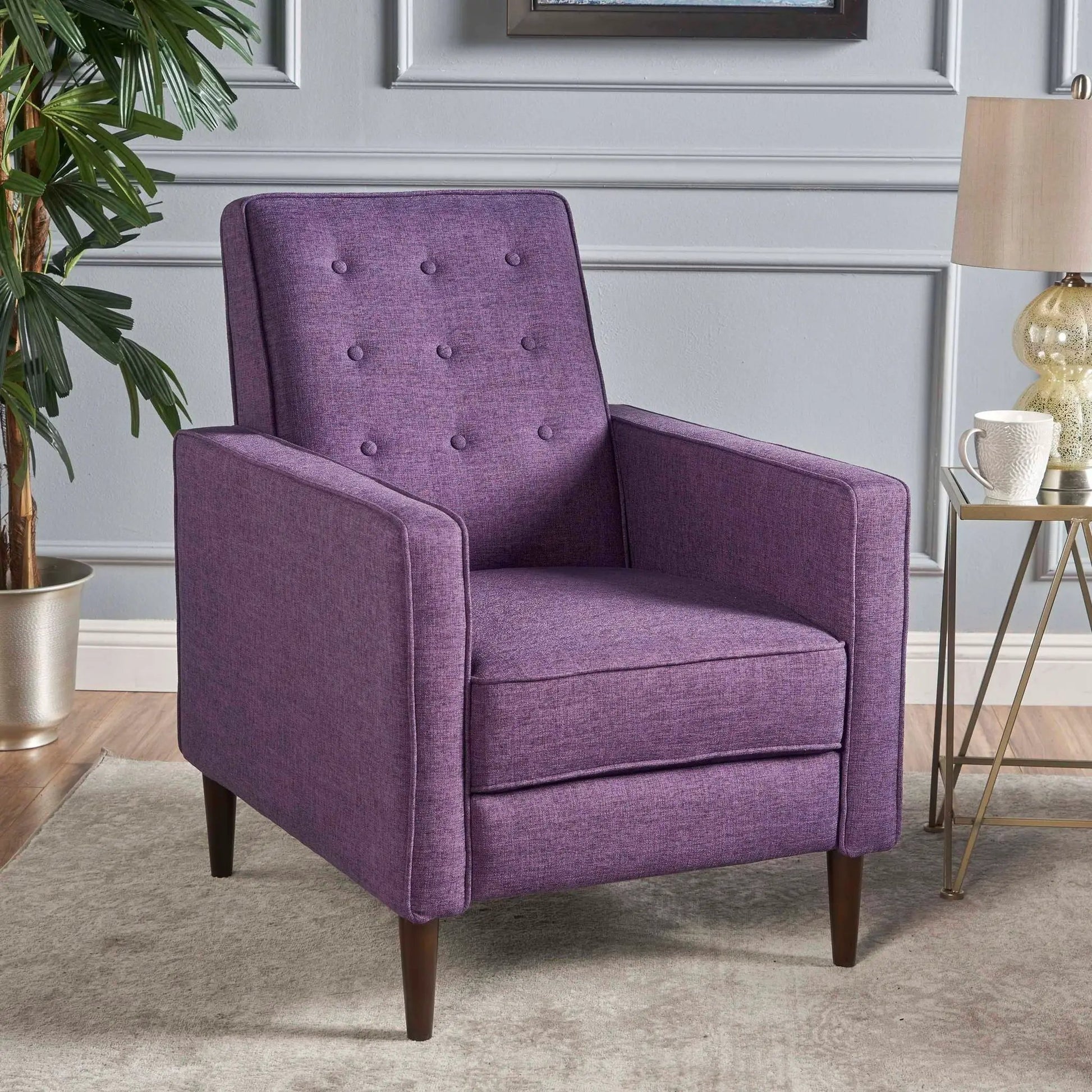 Purple mid-century modern recliner with button tufting and waffle stitch on Tampa Home & Garden Store