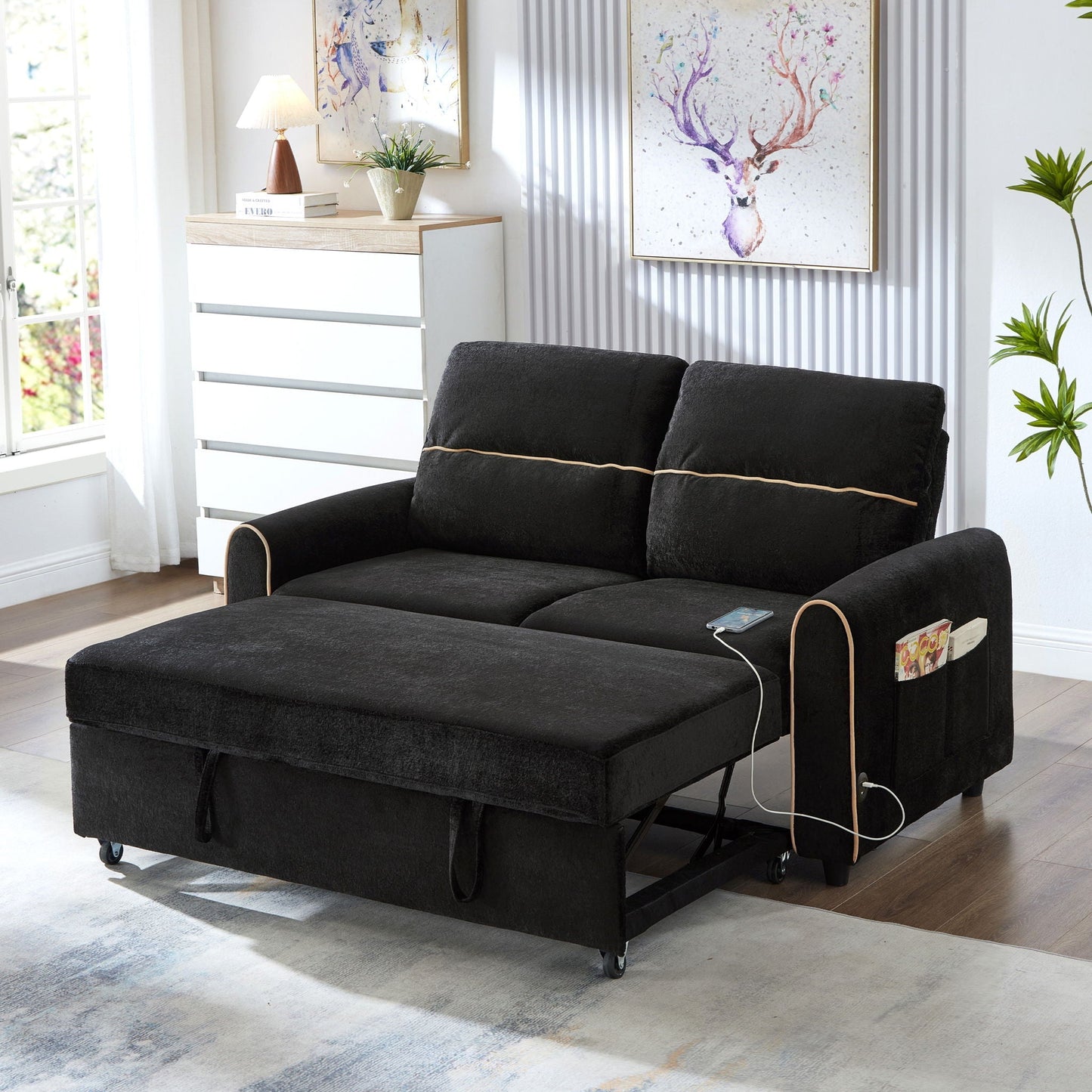 Pull Out Sofa Bed With Usb Port And Soft Backrest