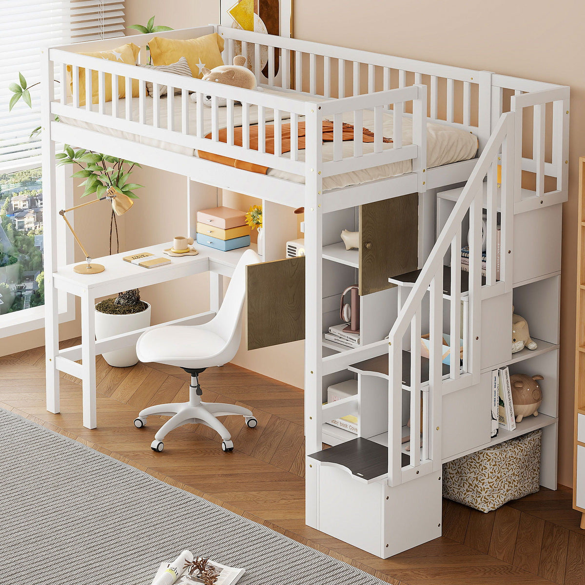 Loft bed with built-in L-shaped desk, LED lights, white finish, storage by HouseOfZazla on Tampa Home & Garden Store