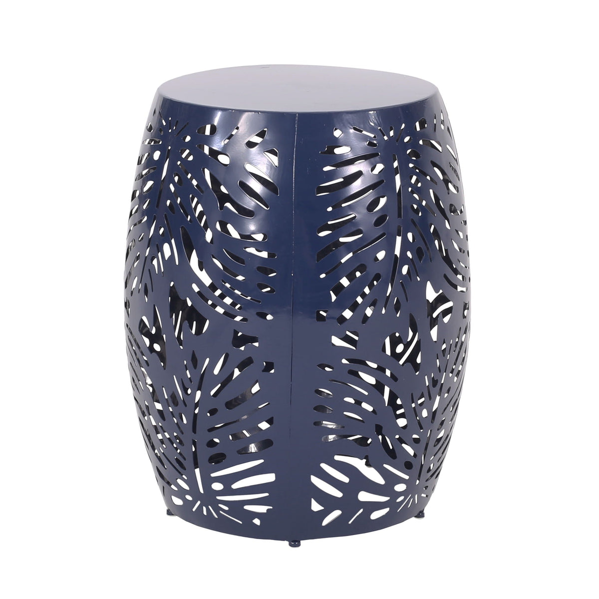 Modern metal end table with palm leaf cut-out, navy blue outdoor side table by HouseOfZazla on Tampa Home & Garden Store