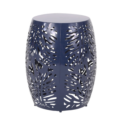 Modern metal end table with palm leaf cut-out, navy blue outdoor side table by HouseOfZazla on Tampa Home & Garden Store