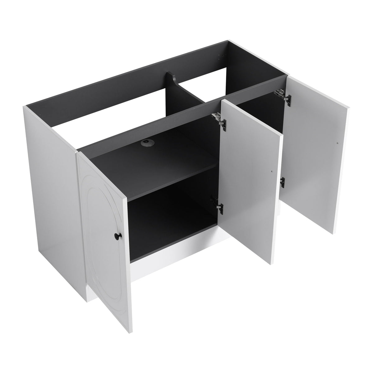 Freestanding vanity by HouseOfZazla, white cabinet with dark interior and soft-close doors on Tampa Home & Garden Store