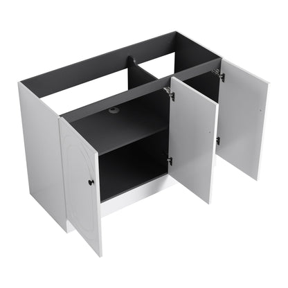 Freestanding Bath Vanity With Resin Sink white cabinet dark gray interior doors open to storage on Tampa Home & Garden Store
