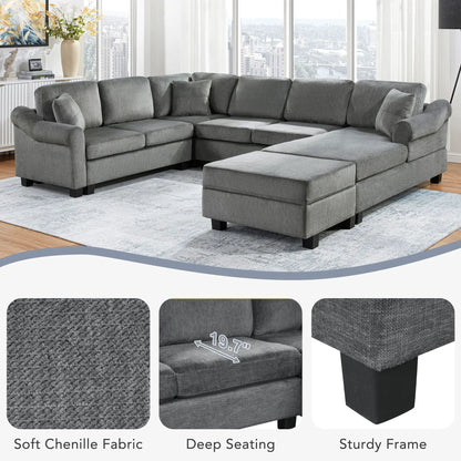 Contemporary U-shaped sectional sofa with movable storage ottoman in gray soft chenille fabric on Tampa Home & Garden Store