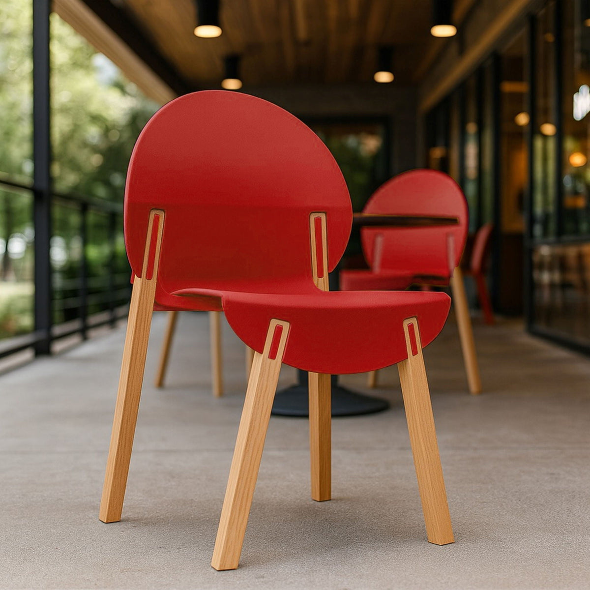 Red round outdoor chair set for 4 with oak legs and waterproof polypropylene seats on Tampa Home & Garden Store