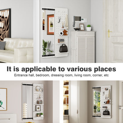 Full length wall mounted mirror with pegboard shelf and hooks in white by HouseOfZazla on Tampa Home & Garden Store