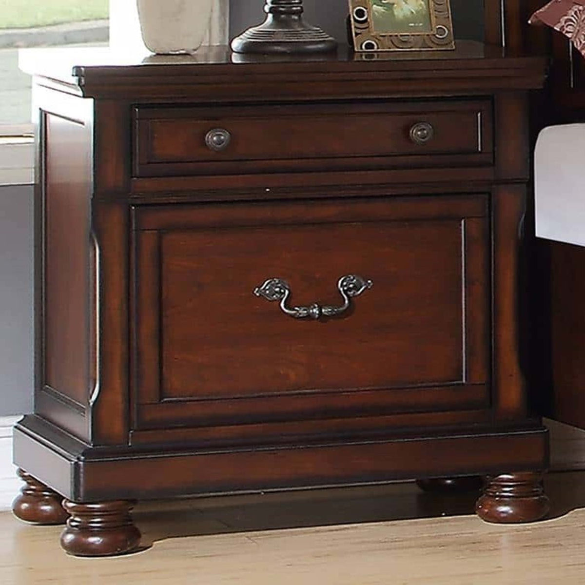 Dark walnut nightstand from a 3 Piece Bedroom Set with 2 drawers, decorative metal pulls on Tampa Home & Garden Store