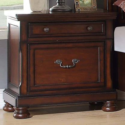 Dark walnut nightstand from a 3 Piece Bedroom Set with 2 drawers, decorative metal pulls on Tampa Home & Garden Store