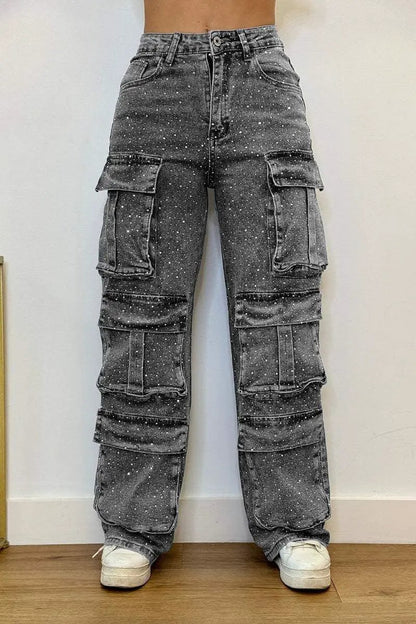 Women's graywashed denim cargo pants with multiple pockets and paint-splatter pattern on Tampa Home & Garden Store