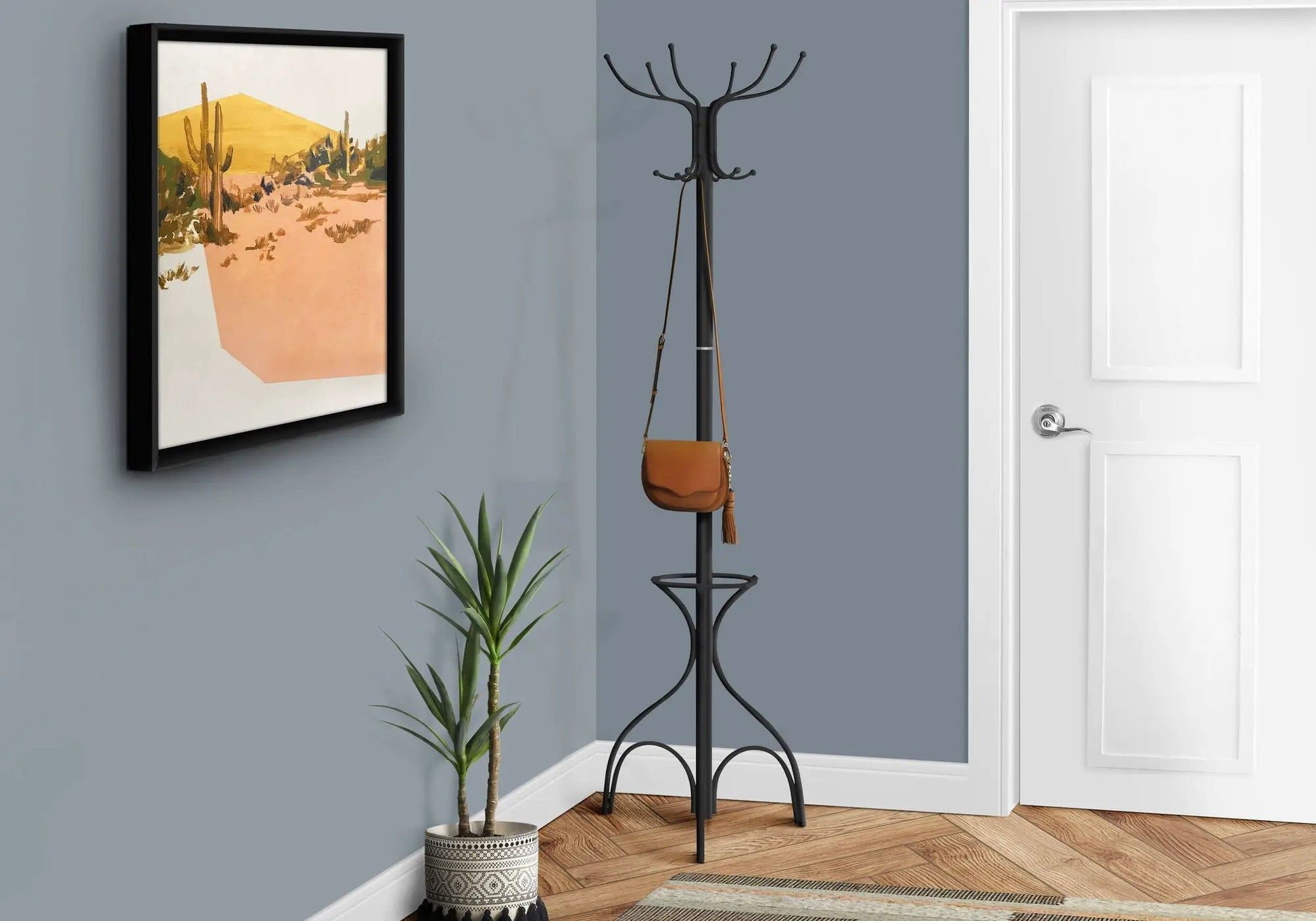 Freestanding coat rack with 12 hooks and umbrella holder, black metal, contemporary hall tree on Tampa Home & Garden Store