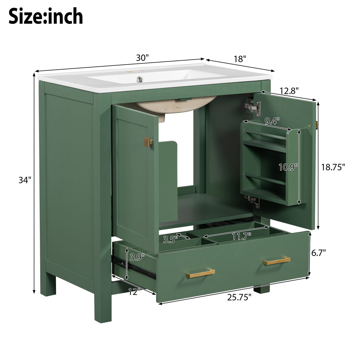 Green bathroom vanity with single undermount sink and solid wood storage by HouseOfZazla on Tampa Home & Garden Store