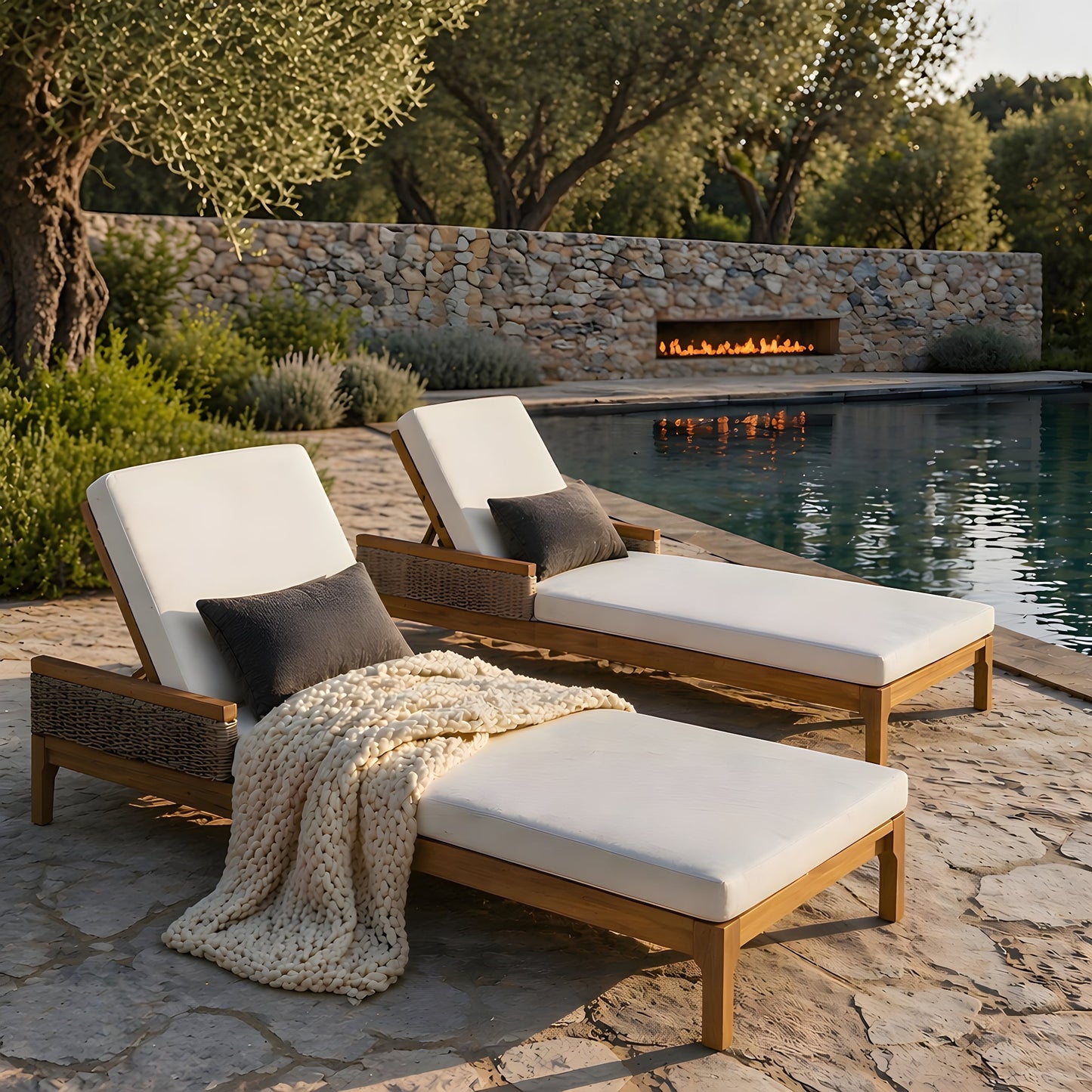 76.8-inch acacia wood sun loungers set of 2 with white cushions and knit throw poolside by stone wall on Tampa Home & Garden Store