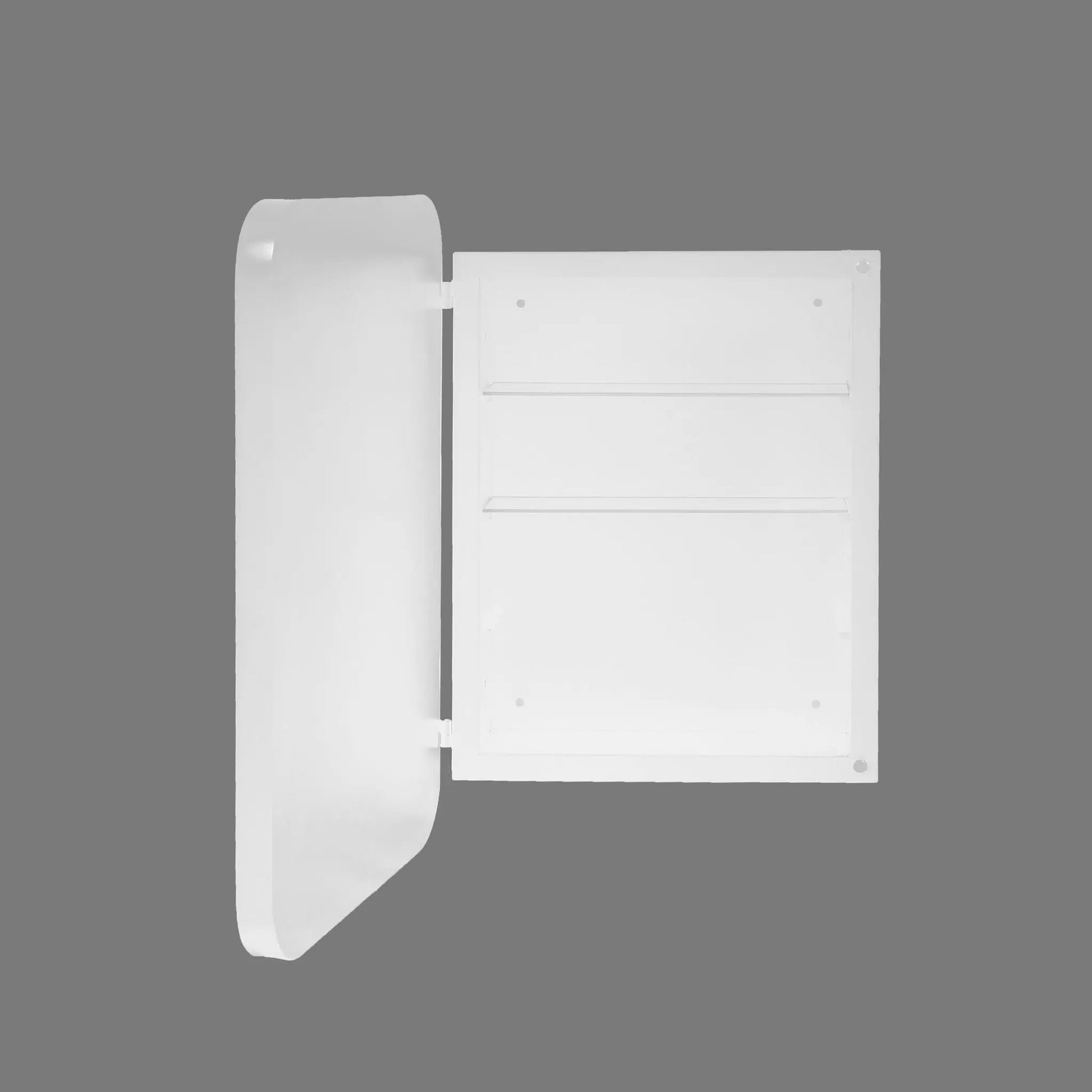 Two white metal medicine cabinets; curved left panel and three-shelf wall cabinet on Tampa Home & Garden Store