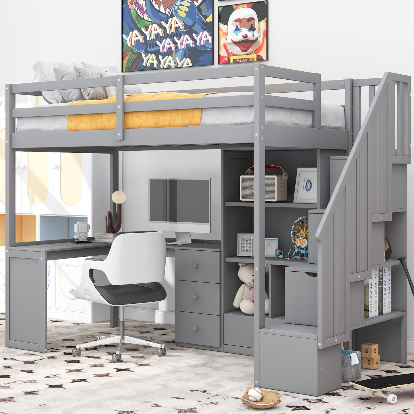 Loft bed with L-shaped desk, drawers, cabinet, and gray storage staircase by HouseOfZazla on Tampa Home & Garden Store