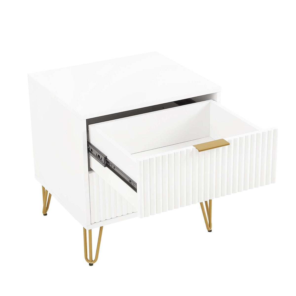 Dumbo Nightstand with 2 drawers white with fluted fronts, gold hairpin legs HouseOfZazla on Tampa Home & Garden Store