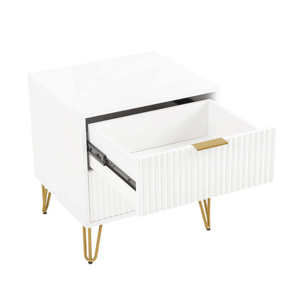 Dumbo Nightstand with 2 drawers white with fluted fronts, gold hairpin legs HouseOfZazla on Tampa Home & Garden Store