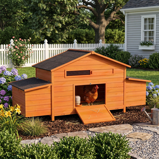 70in wooden chicken coop with 2 nesting boxes, orange stain and waterproof black roof with ramp on Tampa Home & Garden Store