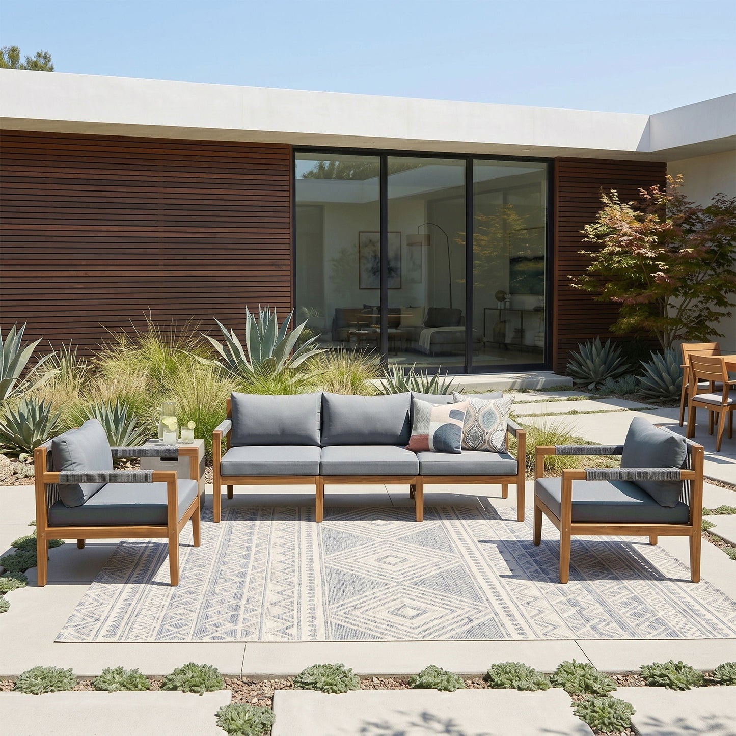 3 Piece Outdoor Sectional Sofa Set with grey cushions and natural wood frames on Tampa Home & Garden Store