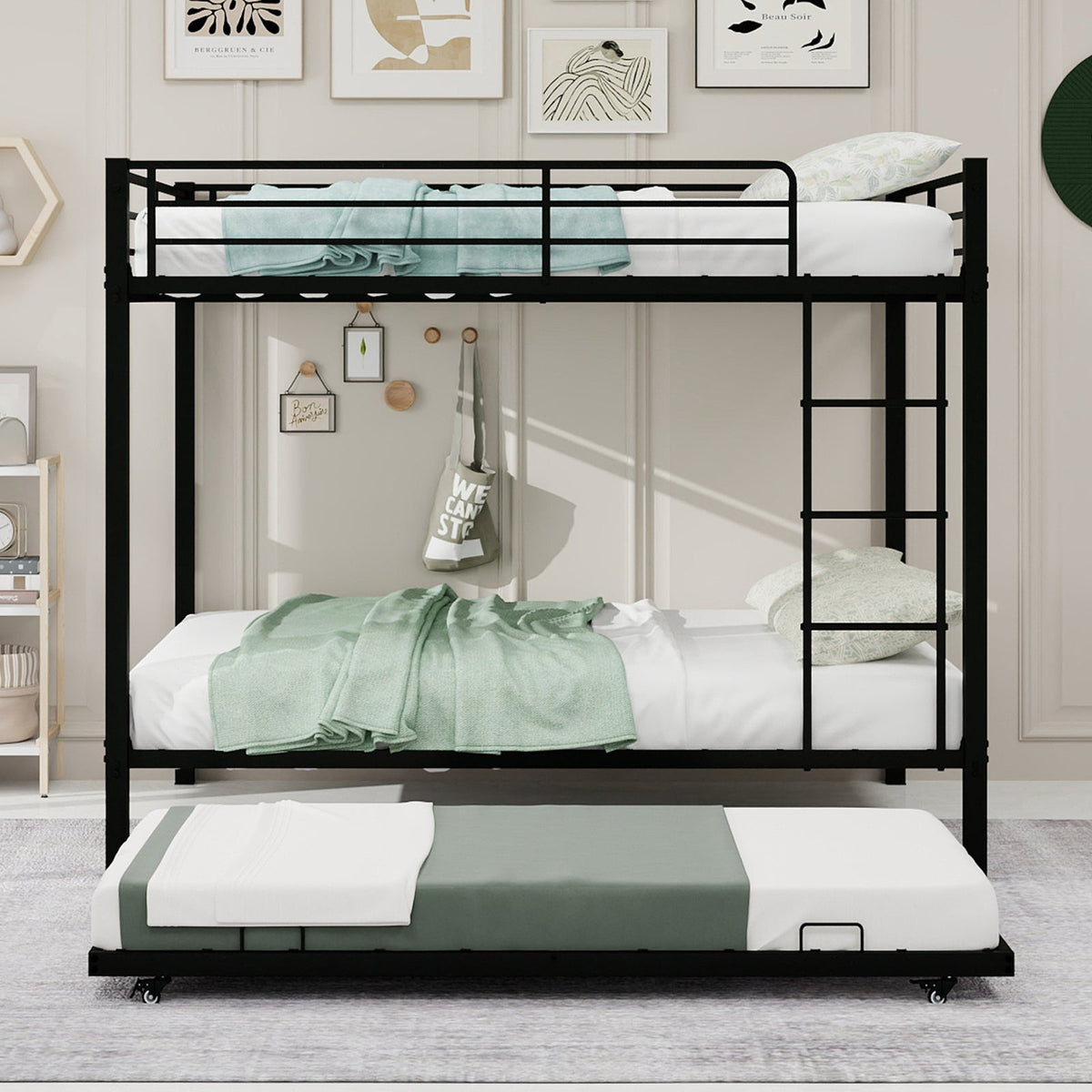 HouseOfZazla Durable Square Tube Iron Full-Size Bunk Bed black metal frame top/bottom bunks on Tampa Home & Garden Store