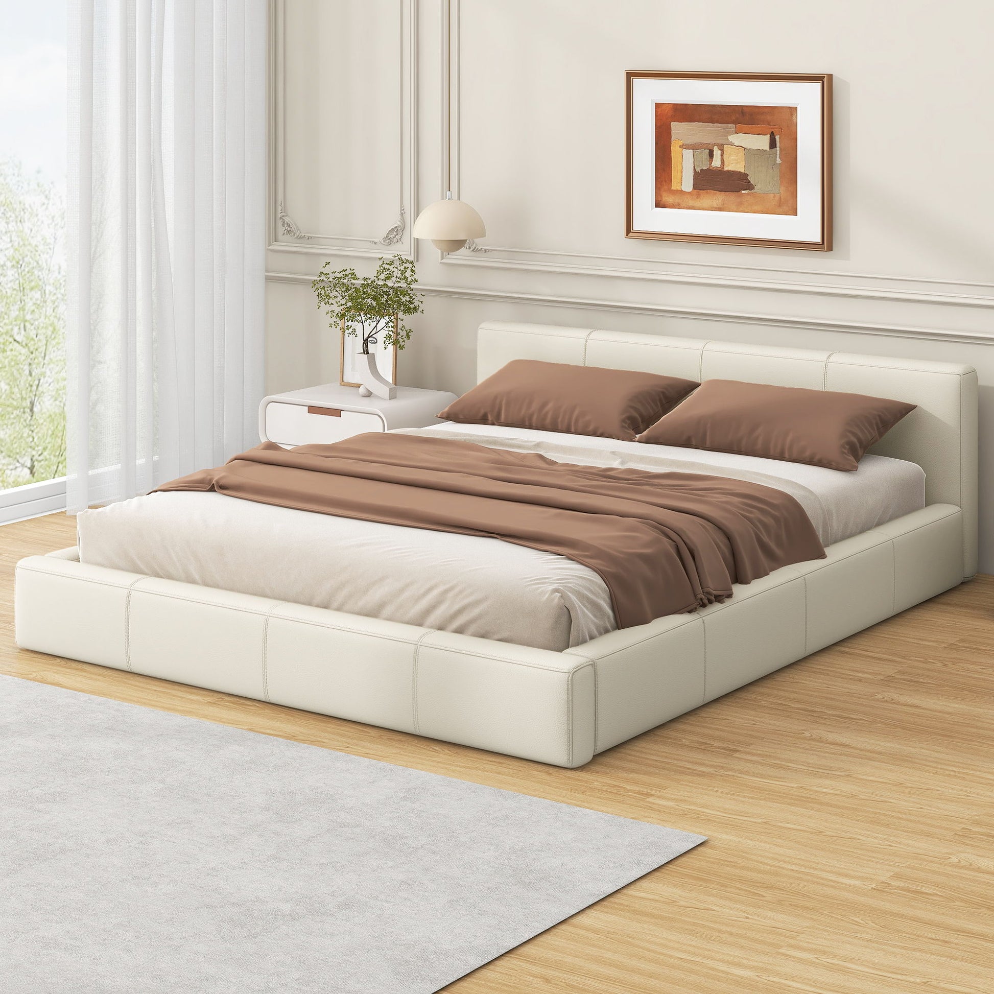 Stylish Upholstered Bed with Birch Wood Frame, cream upholstery and brown bedding on Tampa Home & Garden Store